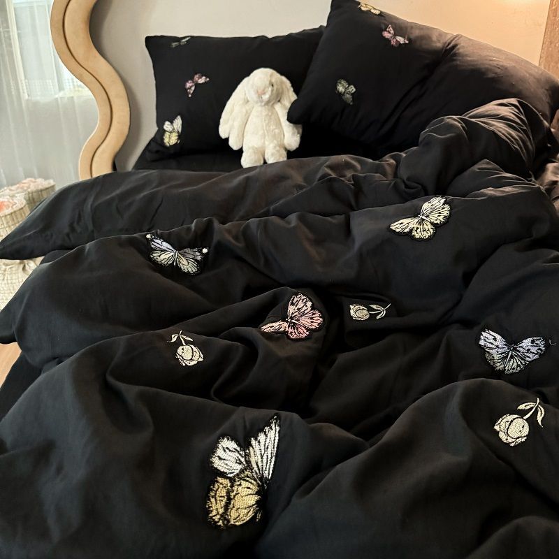 JazzHer Instagram Advanced Light Luxury Style Butterfly Embroidery Bedding Set of Four Pieces, Washed Cotton Quilt Set, Bed Sheet Set,