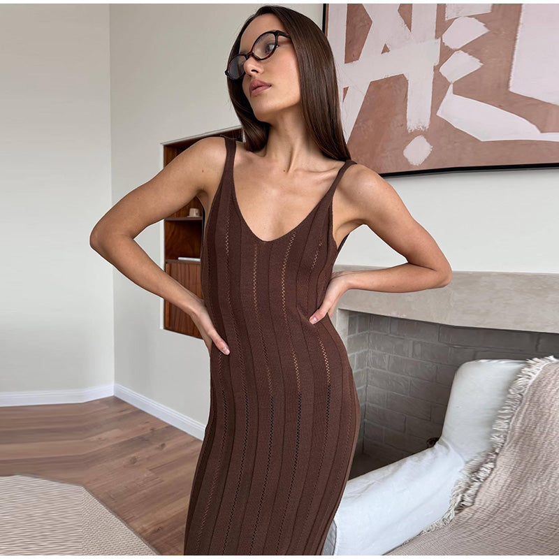 JazzHer Elegant Knit Ribbed Spaghetti Strap Long Dress Women Sexy V-neck Sleeveless Backless Dresses 2024 Summer Lady Holiday Beach Robe