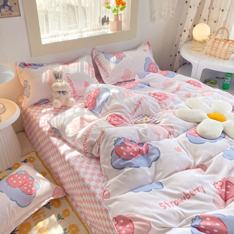 JazzHer Korean Style Cartoon Sheep Bedding Set Girls Kids Twin Full Queen Size Bed Flat Sheet Duvet Cover Pillowcases Bed Linen Kawaii