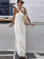 JazzHer Elegant Off Shoulder Hang Neck Dress For Women Loose Sleeveless Backless Female Midi Dresses 2024 Summer Loose Lady Beach Robes