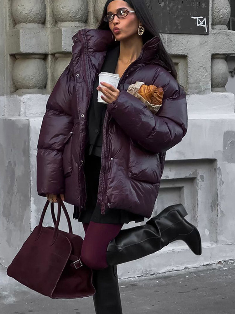 JazzHer Winter Chic Burgundy Women's Padded Cotton Jackets Fashion Stand Collar Zipper Pockets Warm Coats 2024 Female Thicken Streetwear