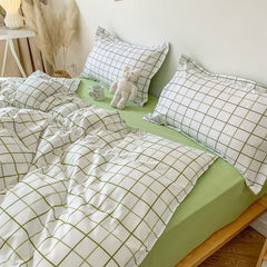 JazzHer Classic Bedding Set Hot Sale Plaid Green Ins Single Queen Size Duvet Cover No Filler Flat Sheet Pillowcase Home Hotel Bed Linens