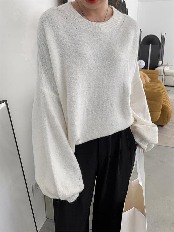 JazzHer 2024 Fall Fashion Stretch Mohair-Blend Balloon Sleeves Loose Solid Round-Neck Sweater Tops