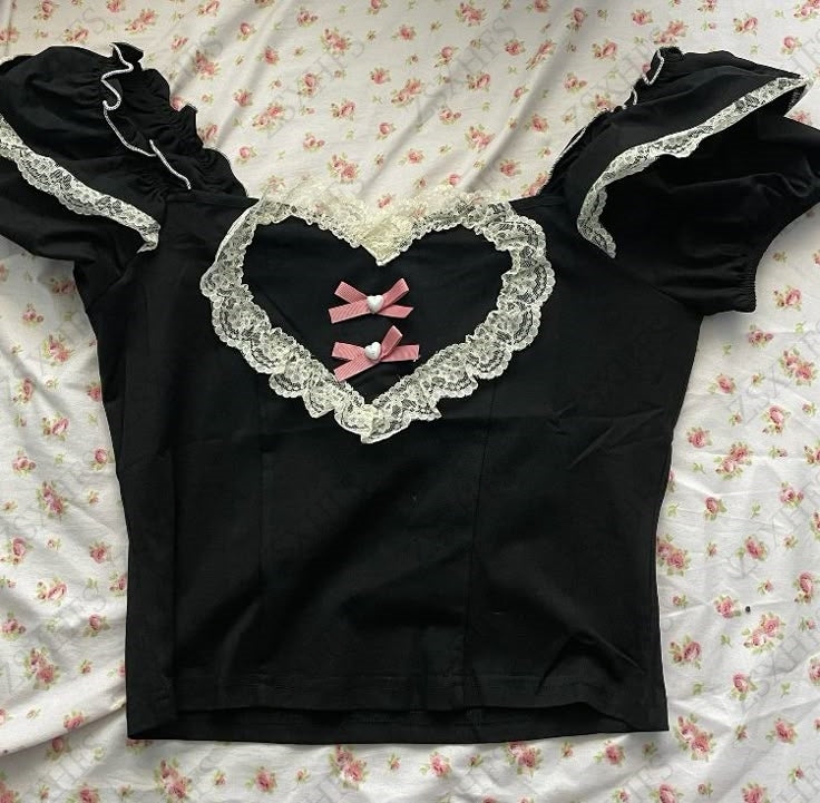 JazzHer Aesthetic Lace Y2k Crop Top Women Clothes Harajuku Kpop Bow Slim T shirts Sweet Girl Tee Graphic Cute Korea T shirt Short sleeve