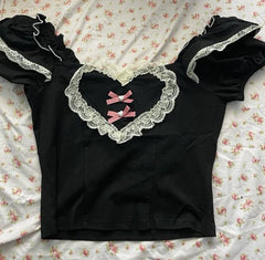 JazzHer Aesthetic Lace Y2k Crop Top Women Clothes Harajuku Kpop Bow Slim T shirts Sweet Girl Tee Graphic Cute Korea T shirt Short sleeve