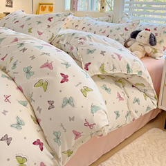 JazzHer Cute Bedding Set Kawaii Cartoon Boys Girls Ins Duvet Cover with Zipper No Filler Flat Sheet Pillowcase Queen Size Bed Linens