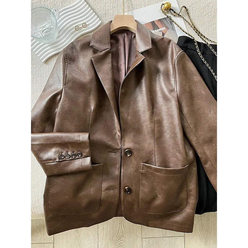 cold weather outfits JazzHer Maillardpu Leather Jacket Women's Vintage Washings Loose Fit Tailored Coat No Collar Fashion Outerwear