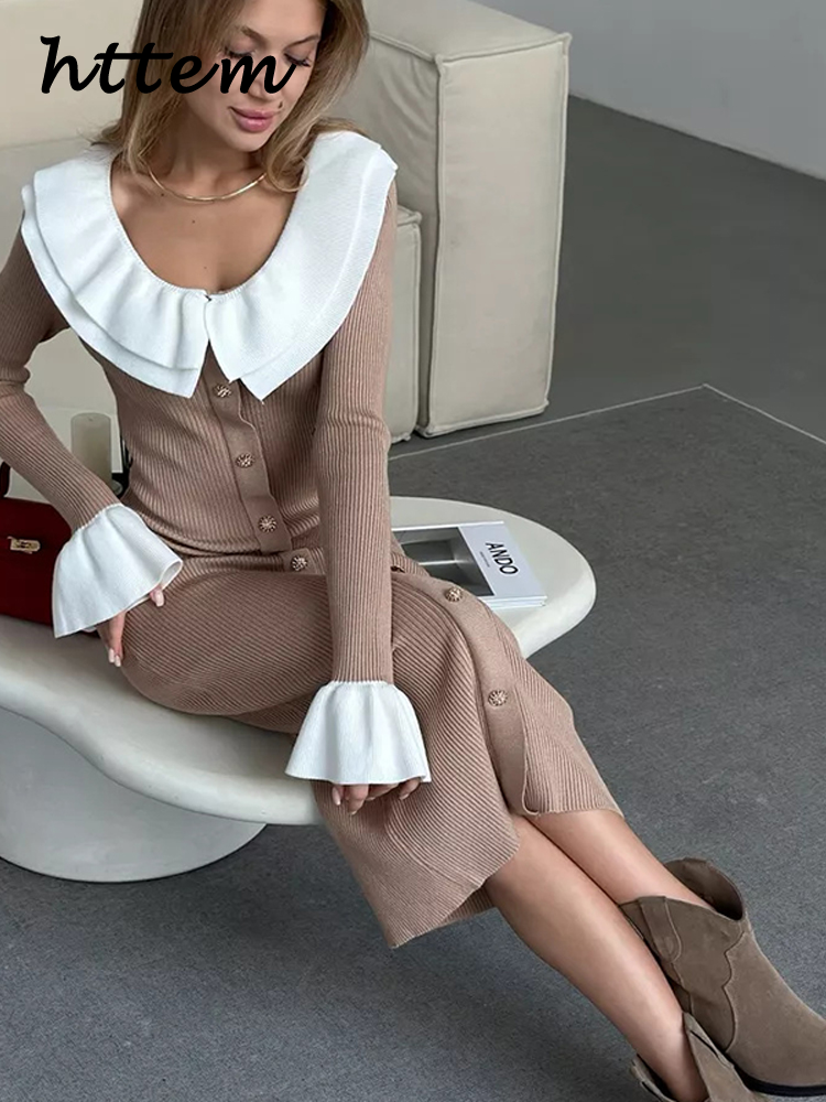 JazzHer Sexy Knit Flare Sleeve Panelled Dress Women Slim Doll Collar Single Breasted Hip Package Dresess 2024 Autumn Lady Elegant Robes