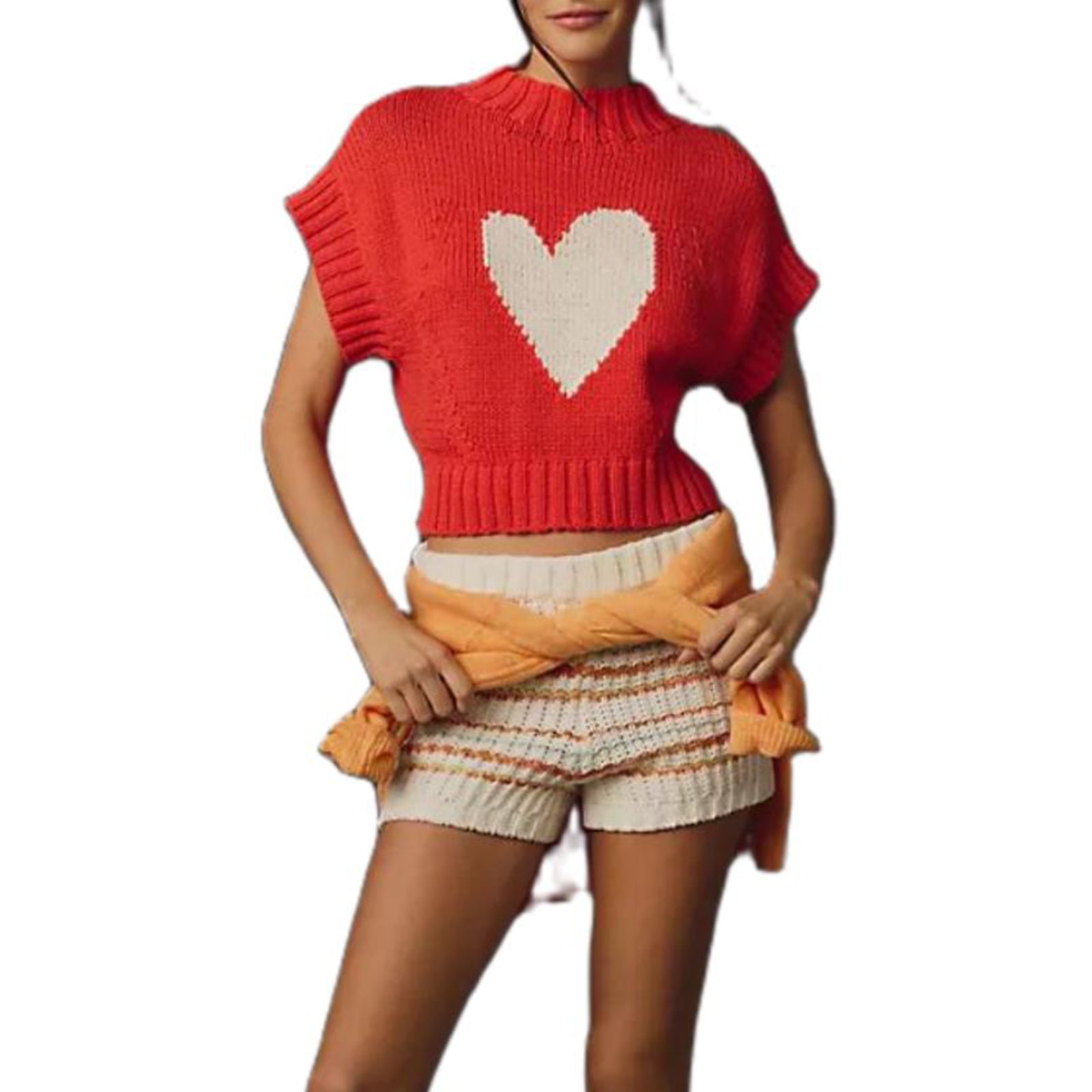 thanksgiving outfit JazzHer Womens Short Sleeve Sweater Heart Mock Neck Crop Knitted Tops Casual Streetwear for Daily Office Party