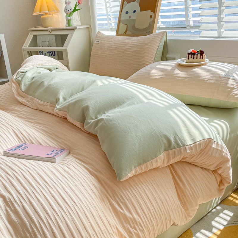 JazzHer Ins Nordic Style Bedding Set Solid Color Blue White Grey Twin Double Queen Size Duvet Cover Fitted Flat Sheet Pillowcase Kit