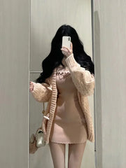 JazzHer 2025 Japanese Sweet Knitted Dress Suits Women Casual Hooded Sweater Cardigan + Y2k Slim Sexy Strap Dress Elegant 2 Piece Set New
