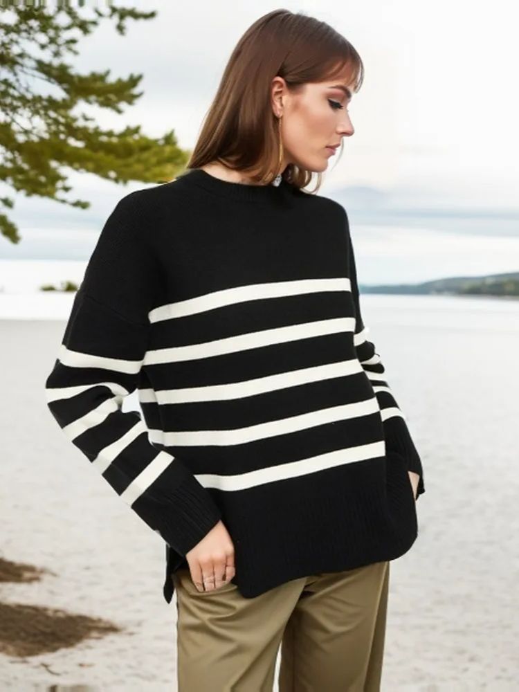 JazzHer Ladies Vintage Autumn Winter Sweater Women Pullovers Oversized Loose Striped Casual Knit Jumper Women Sweaters Tops Female