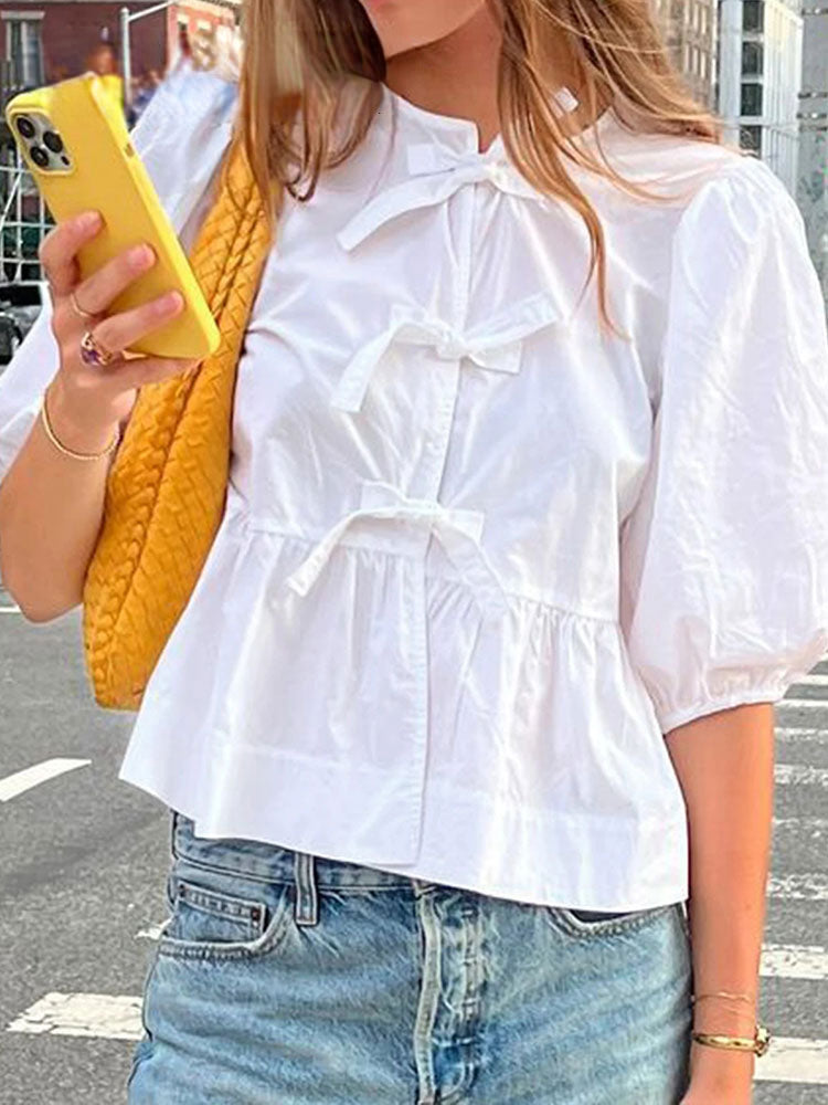 JazzHer Ladies Bow Lace Up Puff Sleeve Spring Summer Blouse Shirt Women Sweet White Black O Neck Casual Chic Top Shirts Female