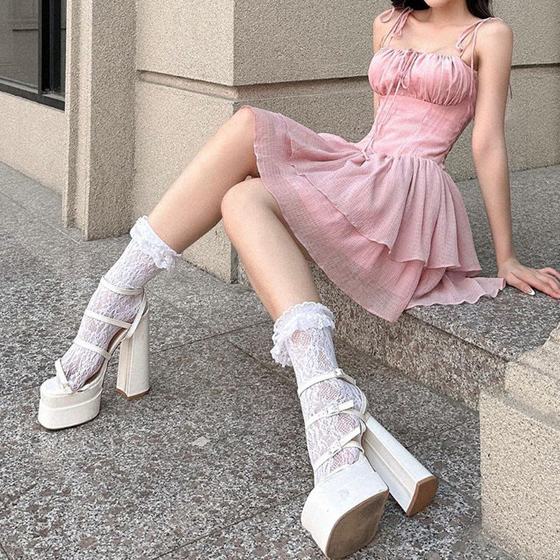 JazzHer-Women Summer Sexy y2k Fairy Dress Casual Loose Dress Lace Up Ruffle Corset Mini Dress