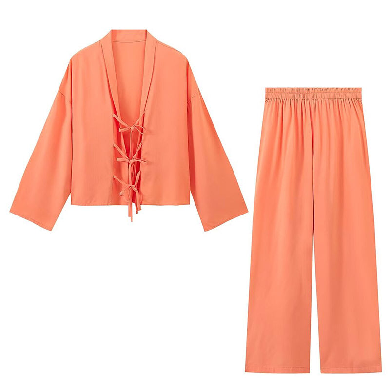 JazzHer Solid Shirt Pants Sets Women Casual  V Neck Lace Up Long Sleeve Female Tops Suits High Waist Wide Leg Pant 2025 New Lady Outfits