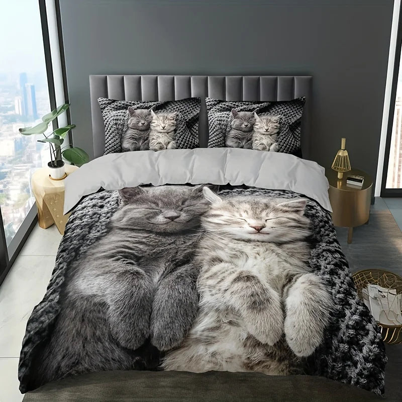 JazzHer 3pcs Cat Animal Duvet Cover Set 3D Cute Pet Cat HD Printing Bedding For Home Dorm