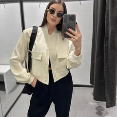 JazzHer woman bomber jacket coat White autumn winter button baseball aviator cropped jackets for women long sleeve crop outerwear