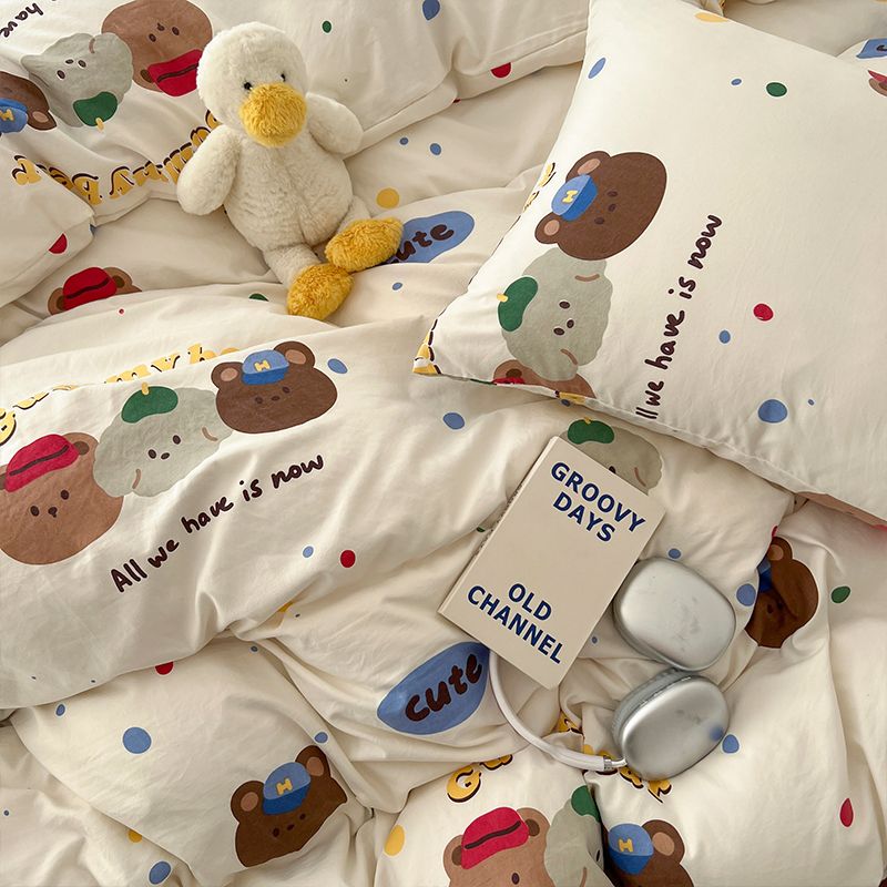 JazzHer Ins Korean Cartoon Little Bear Cute Bedding Set Autumn Winter Polyester Bed Sheet Pillowcase Twin Full Queen Size Quilt Cover