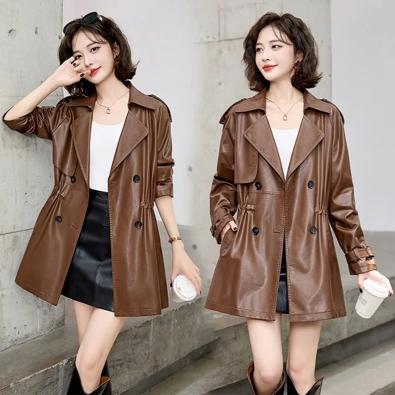 cold weather outfits JazzHer Fashionable Medium-Length Leather Jacket For Women Petite Waist-Fitted Slimming British Style Spring Autumn Overcoat