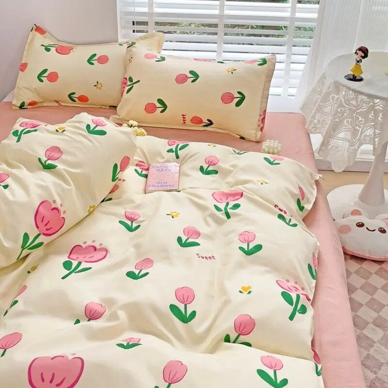 JazzHer 2024 New Kawaii Duvet Cover Flat Sheet Pillowcases Kit No Filling Twin Single Queen Size Kids Adult Bedding Set Ins Style