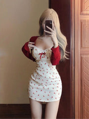 JazzHer Korean 2 Piece Dress Sets Women Casual Knitted Short Cardigan + Outwear Elegant Sweet Floral Strap Mini Dress Chic 2025 Spring