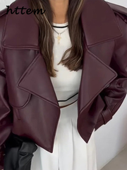 JazzHer Fashion Women's Burgundy Crop Leather Jacket Vintage Lapel Pockets Long Sleeve Coat 2024 Autumn Winter Lady Street Loose Outwear