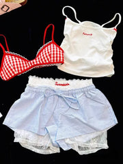 JazzHer Woman New Korean Fashion Lace 4 Piece Set Spicy Girls Y2k Elastic V Neck Sling Plaid Top + Casual  Bow Short Pants Chic