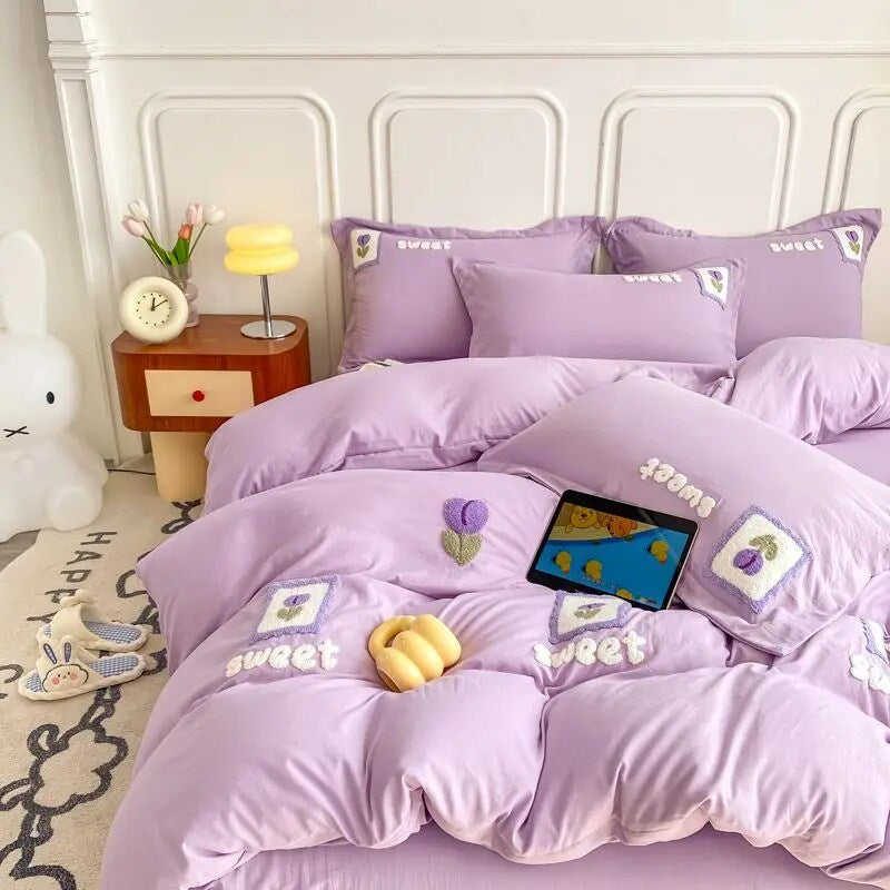 JazzHer Ins Cartoon Cute Duck Bedding Set Towel Embroidery Duvet Cover Queen Twin Full Size Soft Bed Flat Sheet Quilt Cover Pillowcases