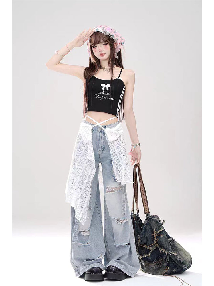 christmas outfit JazzHer Women's Light Blue Baggy Ripped Cargo Jeans Harajuku Denim Trousers Y2k Vintage Japanese 2000s Style Jean Pants Trashy Clothes