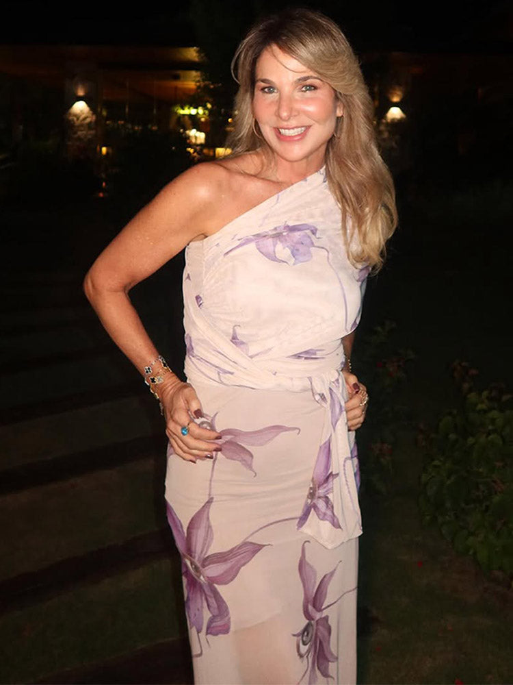 JazzHer Elegant Skew Collar Off-the-shoulder Printed Long Dress Chic Lace Up Slim Fit Vestidos New Female Summer Vacation Party Gown