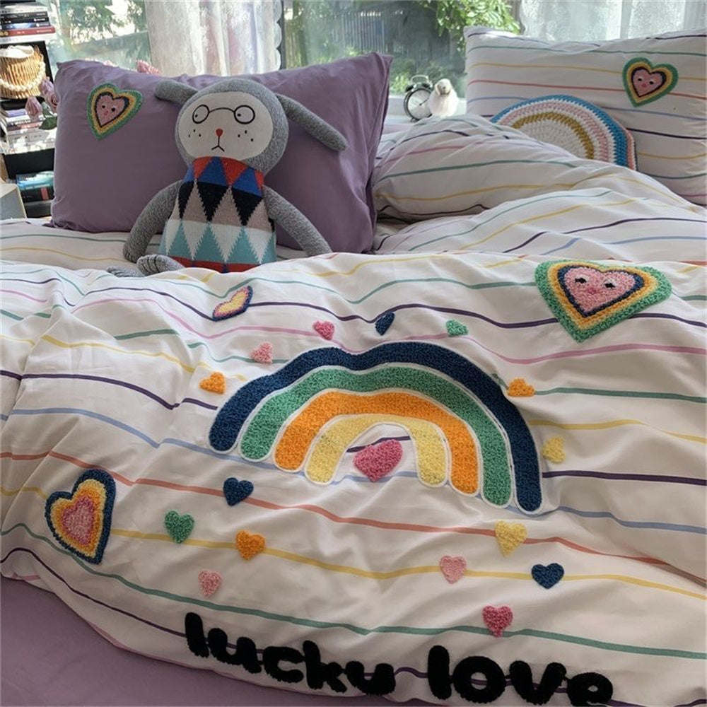 JazzHer Korean Ins Dopamine Rainbow Embroidered Washed Cotton Bedding set Duvet Cover Home Luxury No Filling Bedding Set Bed Sheets