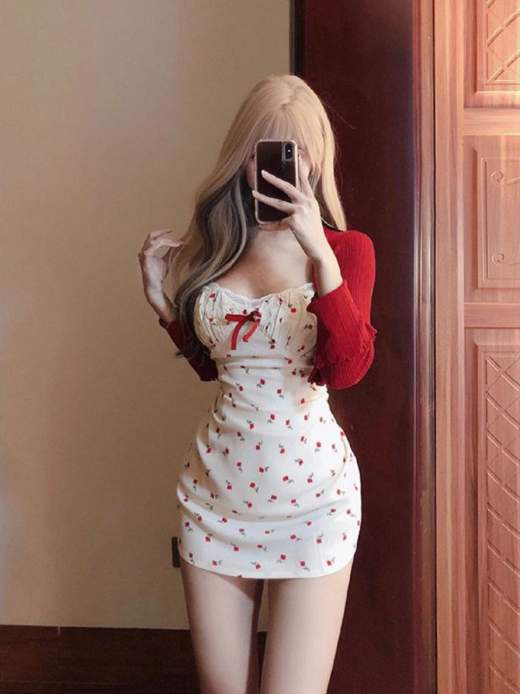 JazzHer Korean 2 Piece Dress Sets Women Casual Knitted Short Cardigan + Outwear Elegant Sweet Floral Strap Mini Dress Chic 2025 Spring