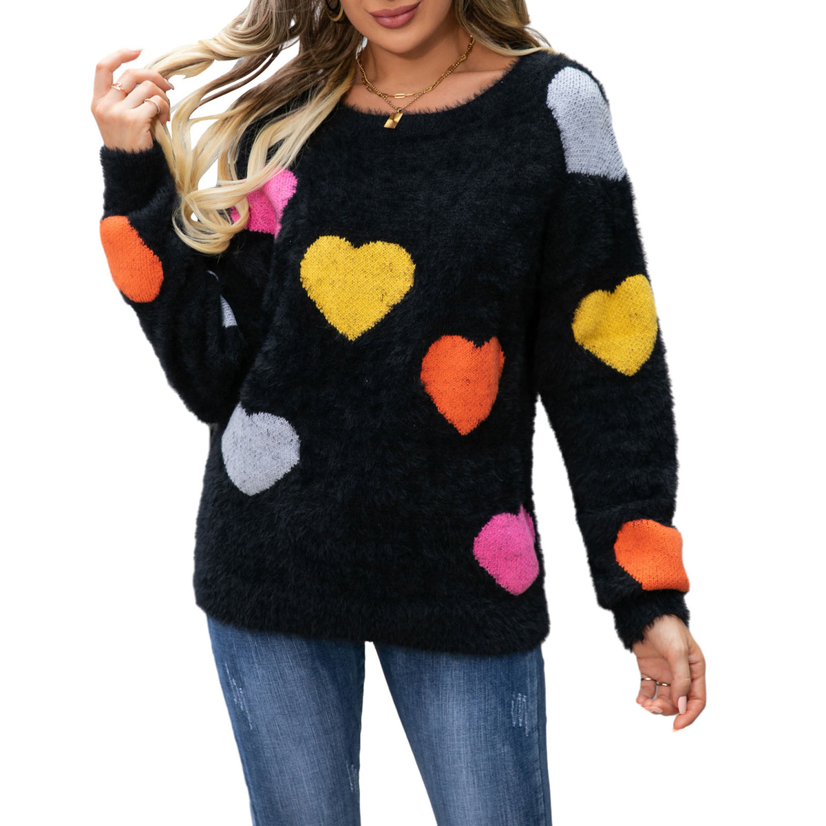 thanksgiving outfit JazzHer Valentine s Day Women Fuzzy Knit Sweater Long Sleeve Round Neck Heart Print Warm Pullover Sweater Fall Winter