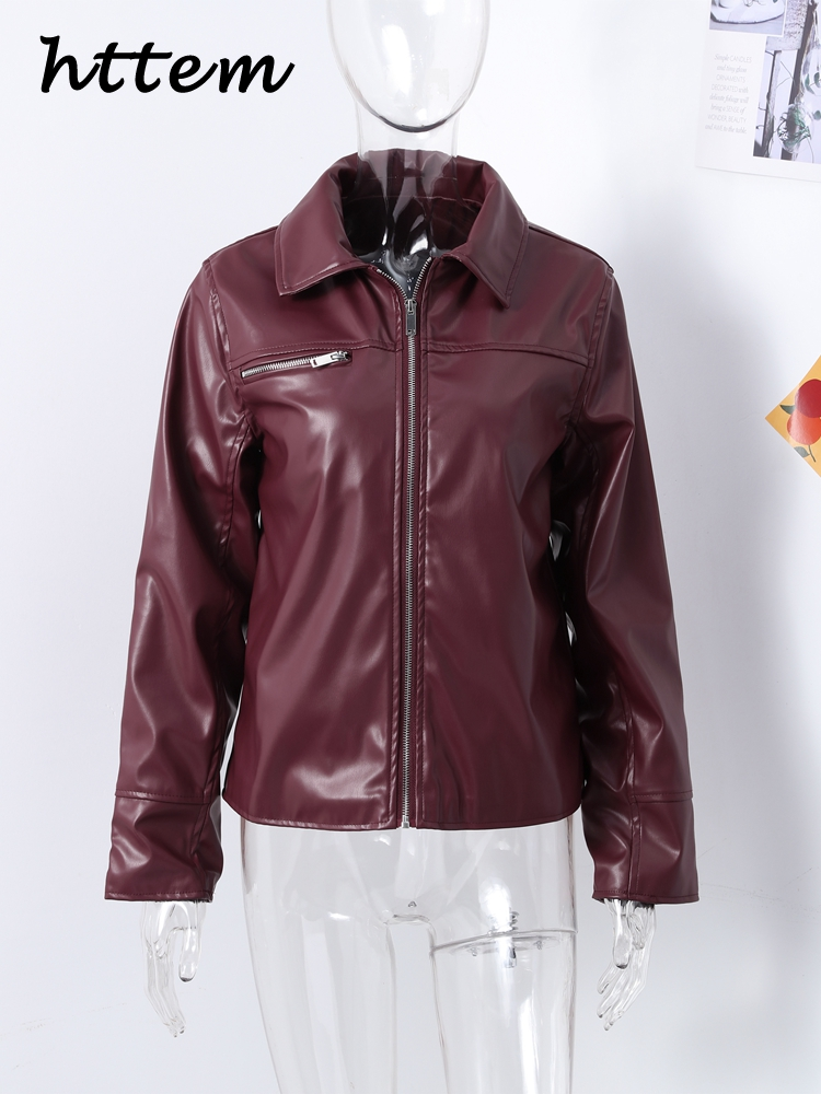 JazzHer Street Women's Red Wine Leather Jacket Loose Lapel Zipper Long Sleeve Pockets Female Coat 2024 Autumn Lady Vintage Solid Outwear