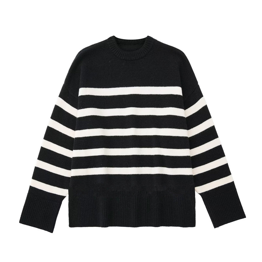 JazzHer Ladies Vintage Autumn Winter Sweater Women Pullovers Oversized Loose Striped Casual Knit Jumper Women Sweaters Tops Female