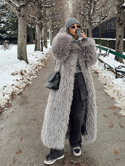 JazzHer Women's Fashion Grey Warm Faux Fur Long Coat 2024 Luxury Lapel Full Sleeve Thick Fluffy Overcoat Winter Casual Female Streetwear