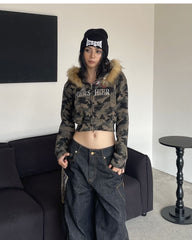 JazzHer Harajuku Zip Up Hoodie camouflage Long Sleeves Tops American Vintage Hoody Harajuku Kpop Punk Coats Top Women Y2k Grunge Hoodies