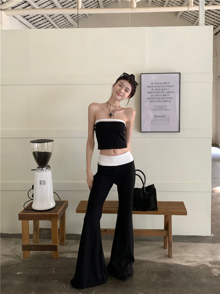 JazzHer 2025 New Temperament Fashion Gyaru Set Women Summer Contrast Color Tube Top Vest Slightly Flared Trousers Two-piece Set Fashion