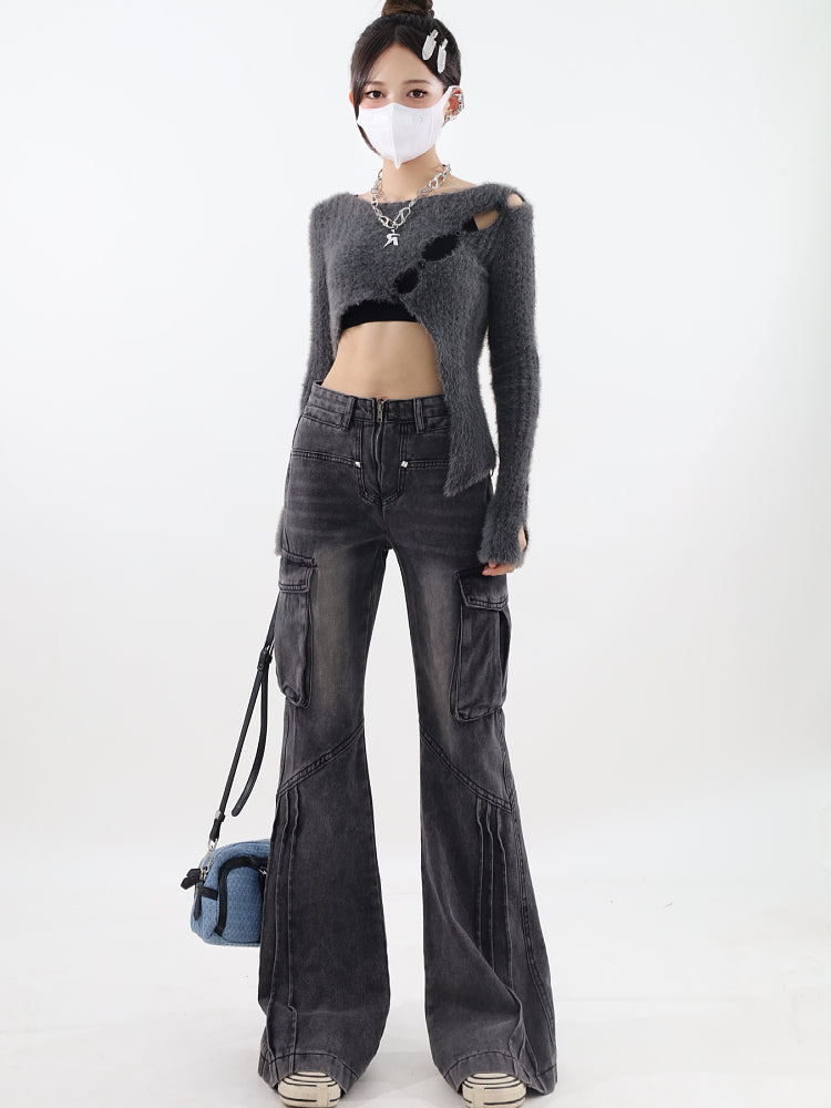 christmas outfit JazzHer Women Vintage Baggy Cargo Flare Jeans High Waist Denim Trouser Emo 2000s Y2k Harajuku 90s Black Gothic Jean Pants Trashy Clothes