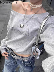 JazzHer Streetwear Hoodies 2025 Women Clothing Letter Slash Neck Y2k Hoodie Fashion Korean Tops Off Shoulder Sexy Sweatshirts Ropa Mujer