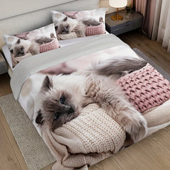 JazzHer 3pcs Lazy Cat Animal Duvet Cover Set Soft Comfortable And Breathable HD Printing Bedding For Home Dorm