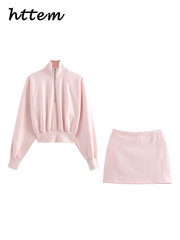 JazzHer Sexy Crop Coats Mini Skirt Sets Women Slim Stand Collar Coast Short Zipper Skirts 2024 Autumn Lady Casual Pink Running Tracksuit