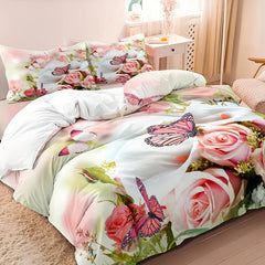 JazzHer 3pcs Duvet Cover Set, Rose Flower Butterfly Printed Bedding Set, Soft Comfortable Breathable Duvet Cover With Pillowcase