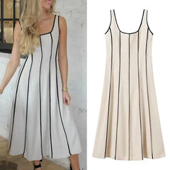 JazzHer Striped Midi Dresses Woman Sleeveless Slip Long Dress Women Backless French Vintage Dress Fashion Summer Dresses