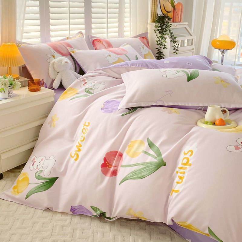 JazzHer Ins Pink Flowers Bedding Set Flat Bed Sheet Pillowcase Twin Full Queen Size Nordic Bed Linen Women Girls Floral Duvet Cover Set