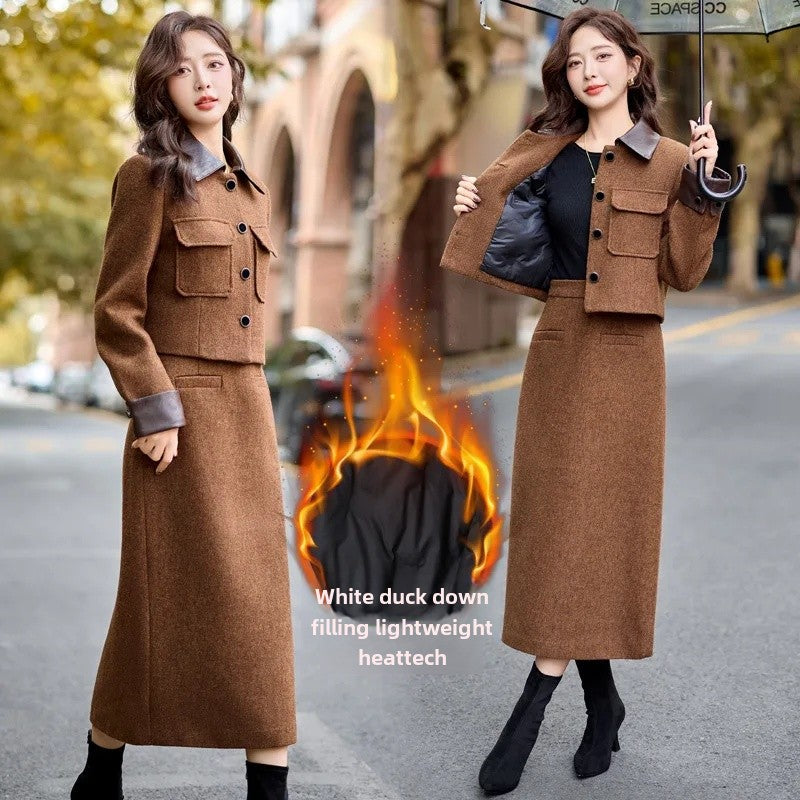 cold weather outfits JazzHer Fashionable Casual Suit Autumn/Winter New PU Leather Patchwork Tweed Style Down Jacket Half Skirt 2-Piece Set Skirt YJ6816