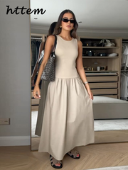 JazzHer Casual Sleeveless Patchwork Long Dress Women Elegant O Neck Pleated Female Tank Dresses 2024 Autumn Lady Solid Vacation Robe New