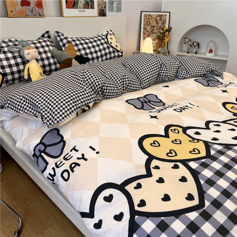 JazzHer Cute Bear Bedding Set Cartoon Floral And Animal Duvet Cover Blue Flat Sheet Soft Polyester Kawaii Queen Full Size Bed Linen