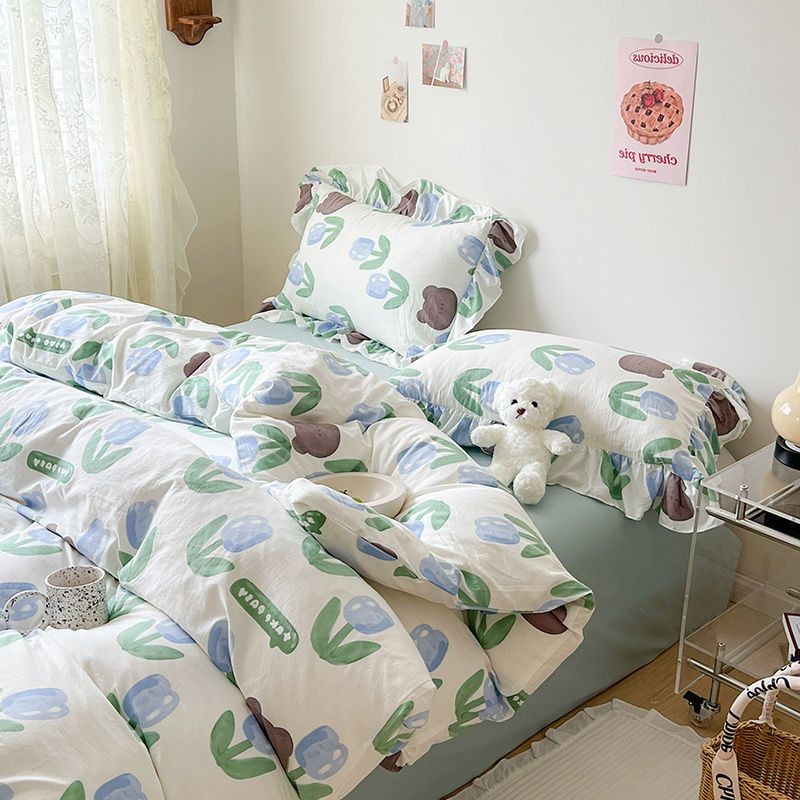 JazzHer Ins Korean Style Duvet Cover Set with Flat Sheet Pillowcase No filler Washed Cotton Queen Full Twin Cute Floral Bedding Set