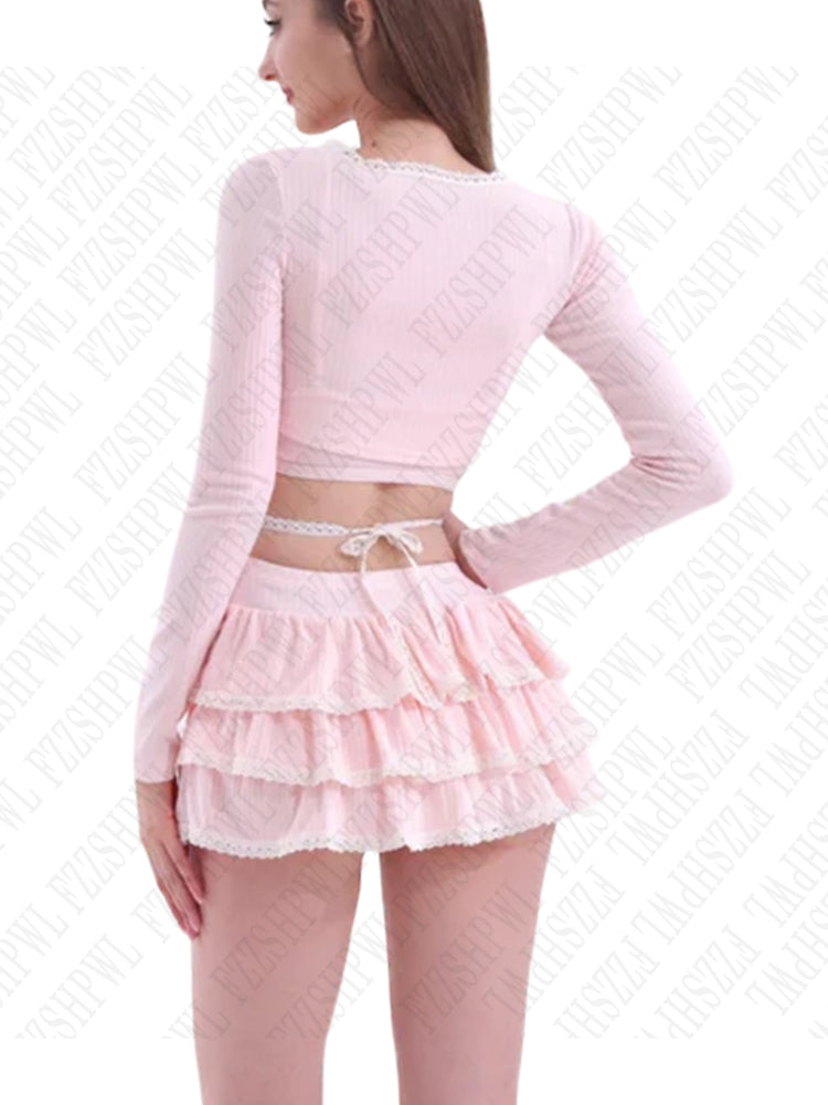 JazzHer Sweet Pink suit Aesthetic Cute Bow Sexy lace Long Sleeve Crop Tops Harajuku Emo Girls Y2K Mini Skirt Fashion women's Streetwear